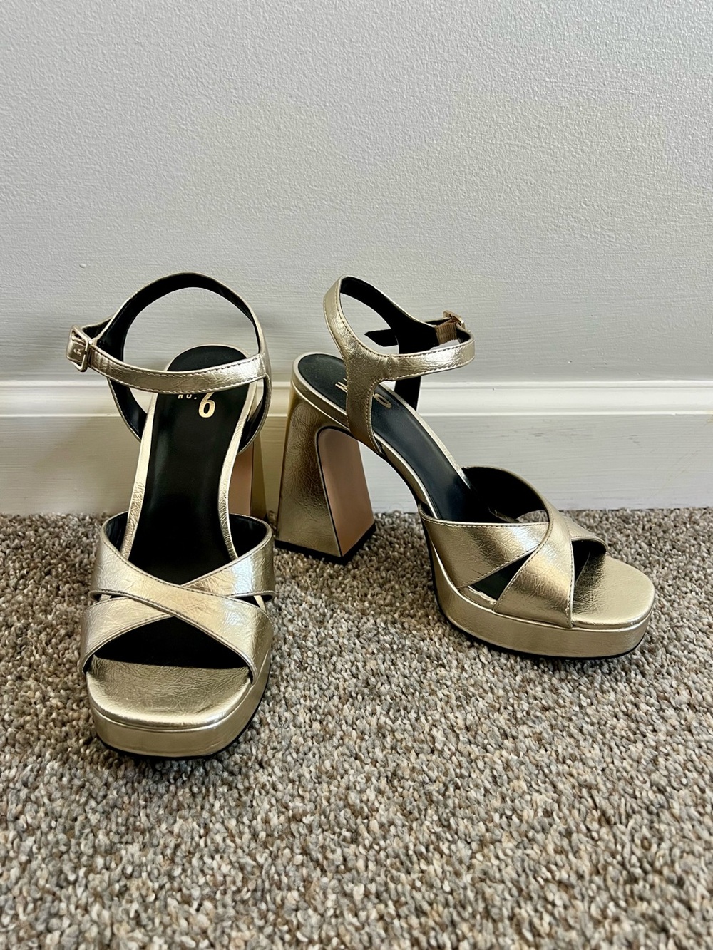 Mix No. 6 Metallic Gold Platform Ankle-Strap Block Heels - Picture 2 of 7